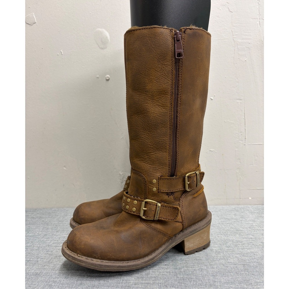 Caterpillar Mid Calf Boots Womens 6 Brown Leather Waterproof Faux Fur Moto V64